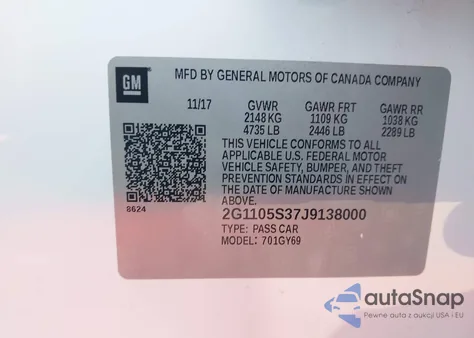 2018 Chevrolet Impala 1Lt z USA, uszkodzony, nr VIN 2G1105S37J9138000